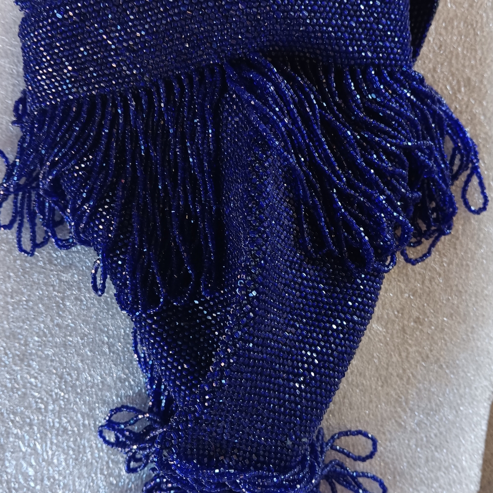 VINTAGE BEADED ROYAL BLUE LOOP-FRINGED BAG C.1960s